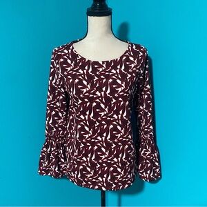 Ann Taylor Burgundy and White Leaf-Print Bell-Sleeve Blouse